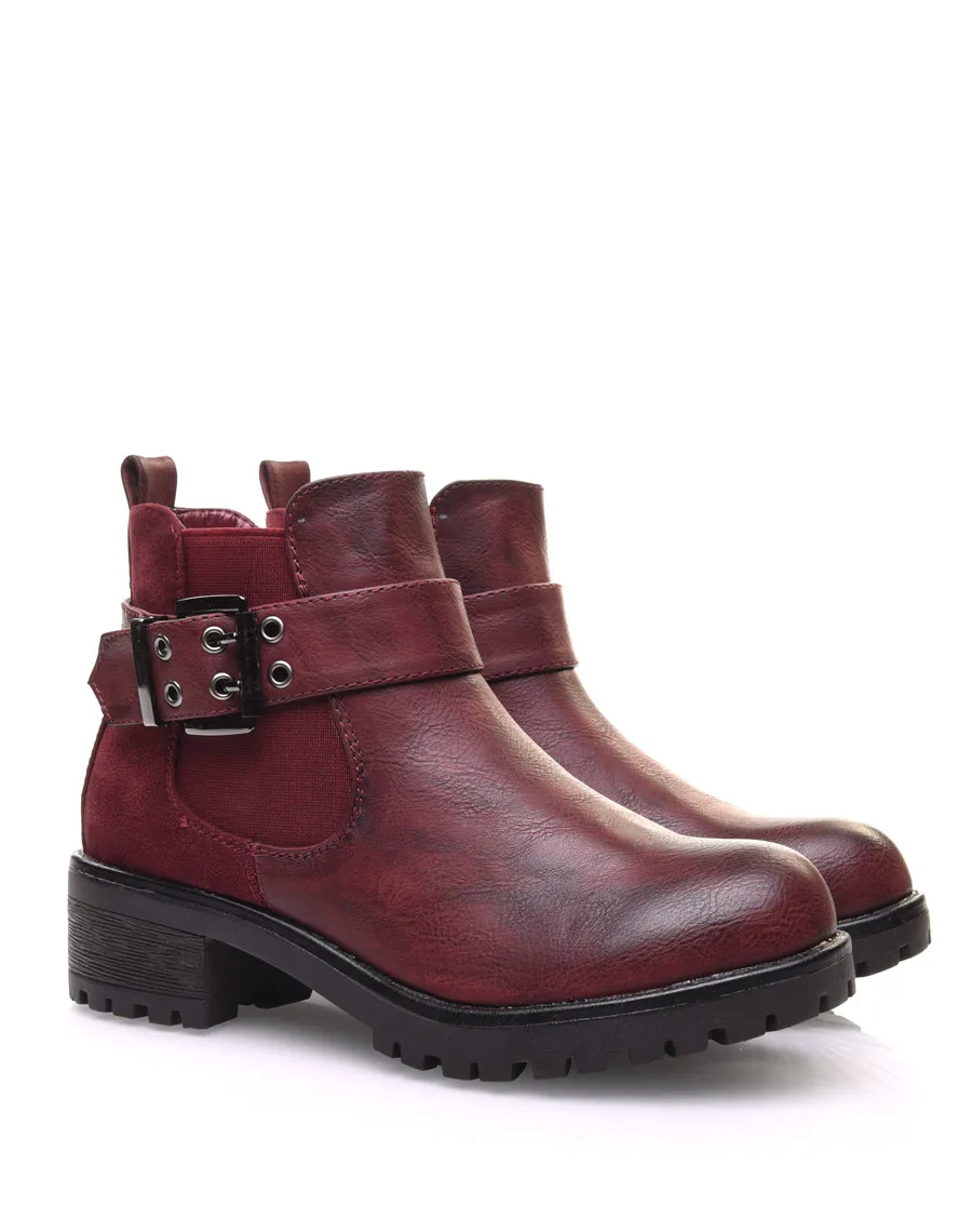 Bottines bi-matières bordeaux à semelle crantée