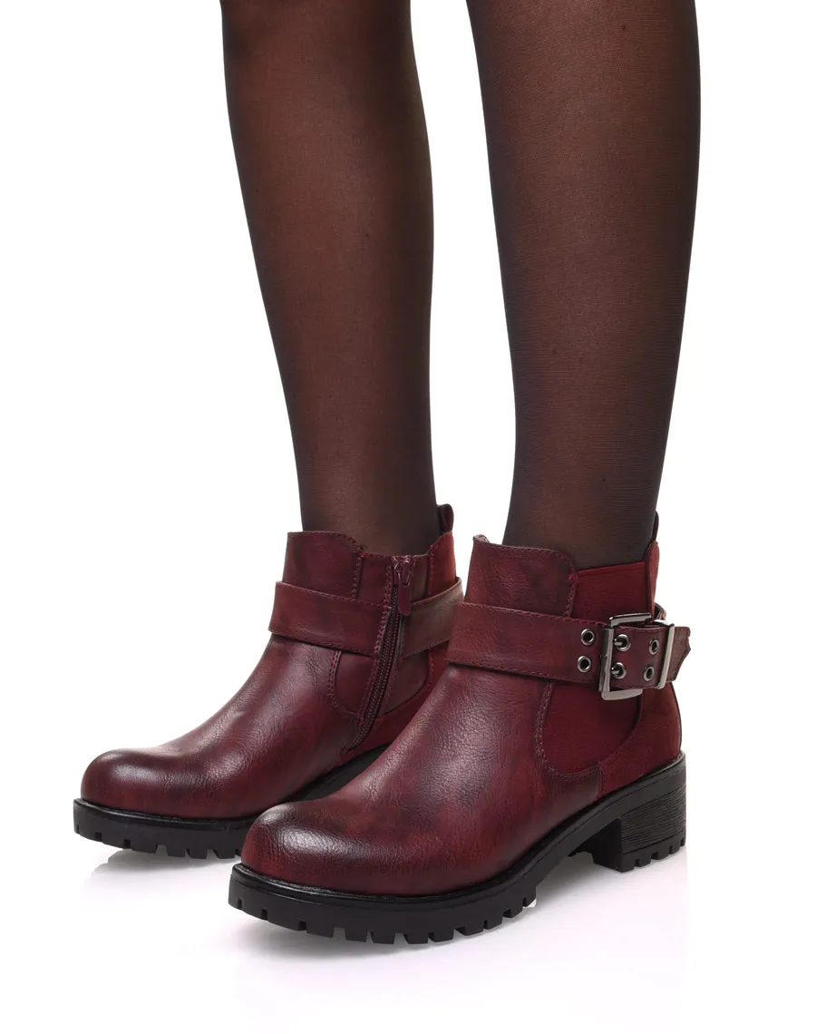 Bottines bi-matières bordeaux à semelle crantée