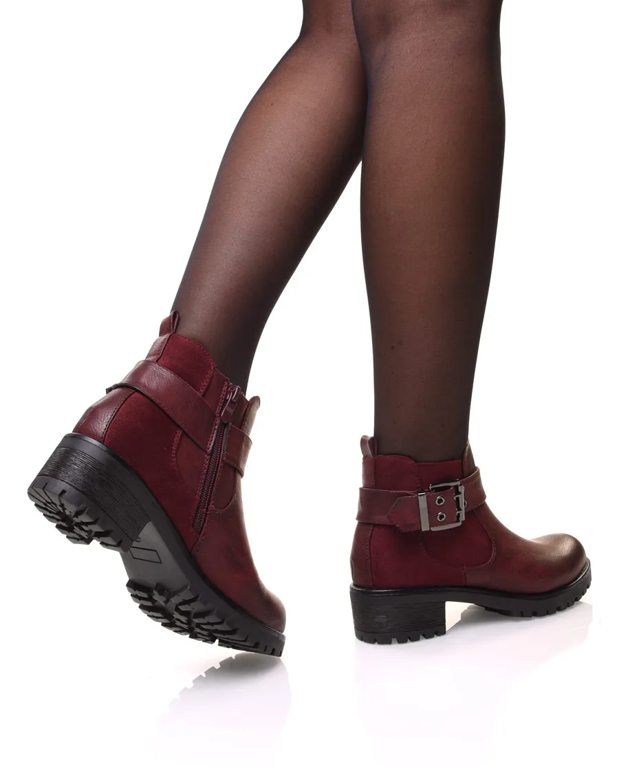 Bottines bi-matières bordeaux à semelle crantée