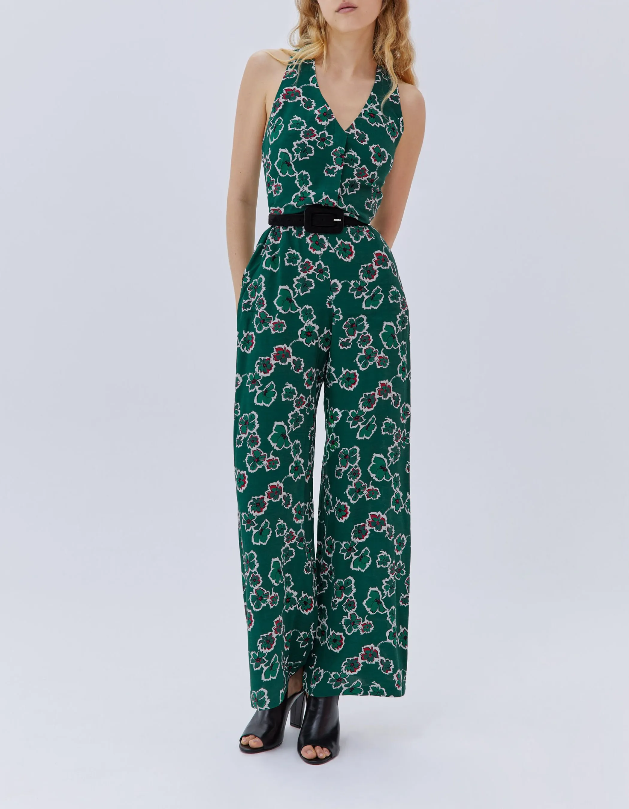 Combinaison pantalon verte imprimé maxi fleurs Femme