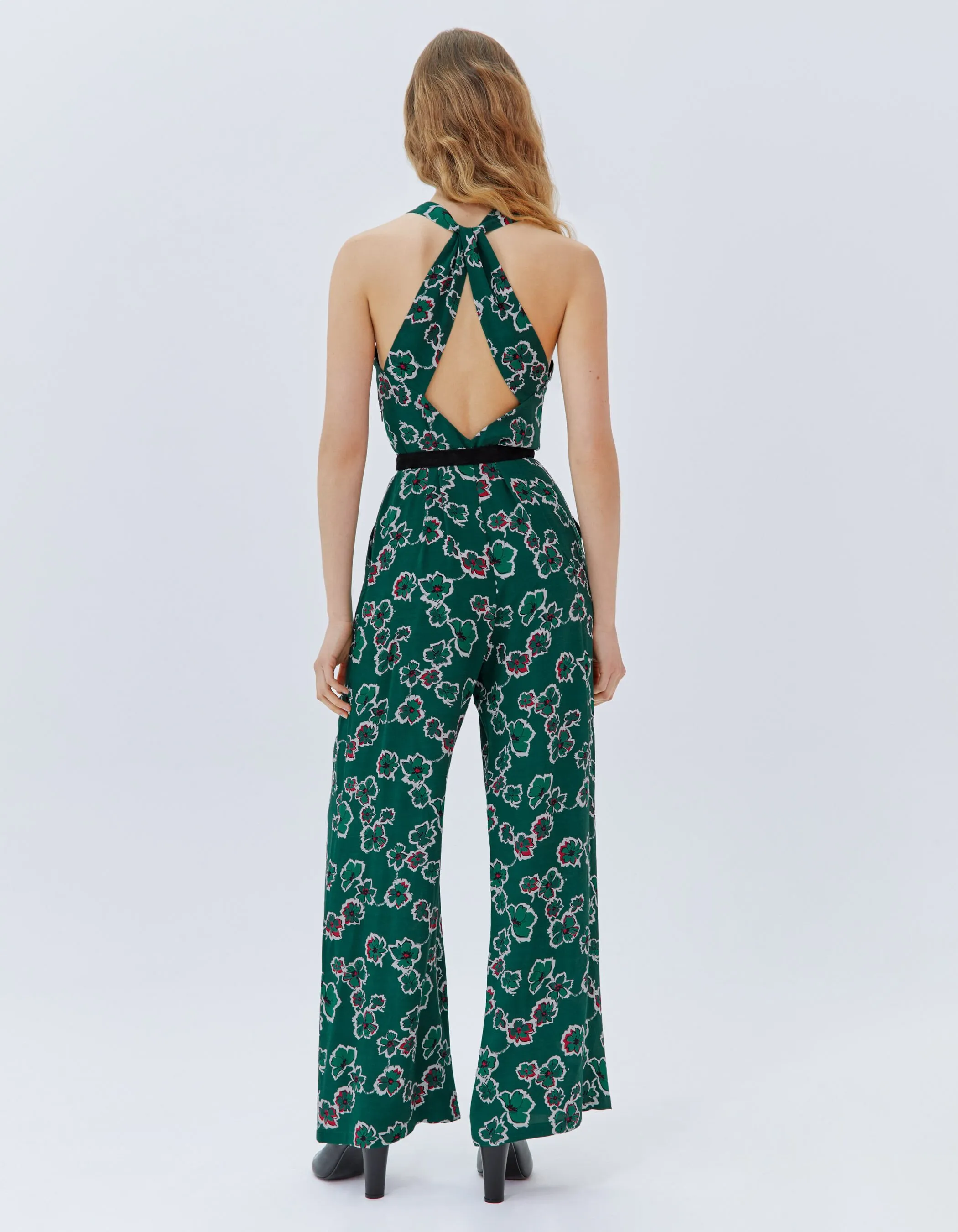 Combinaison pantalon verte imprimé maxi fleurs Femme