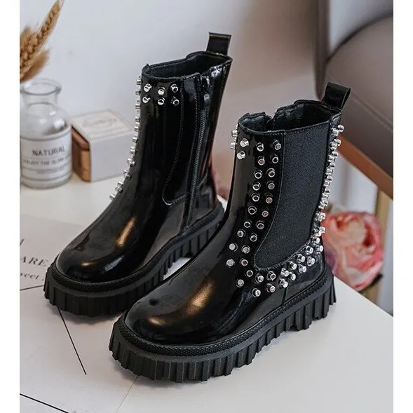 FR1 Bottines Chelsea fille vernies ornées de strass Adélie noirs le noir