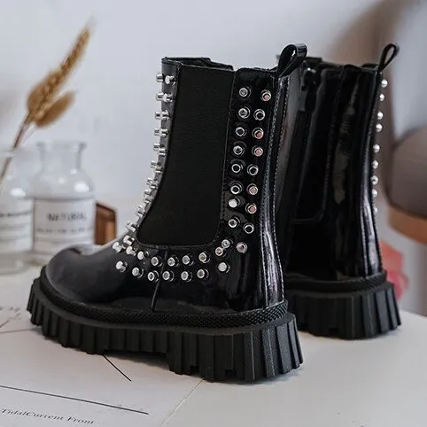 FR1 Bottines Chelsea fille vernies ornées de strass Adélie noirs le noir