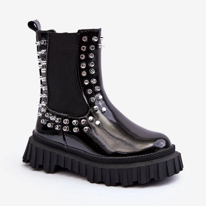 FR1 Bottines Chelsea fille vernies ornées de strass Adélie noirs le noir