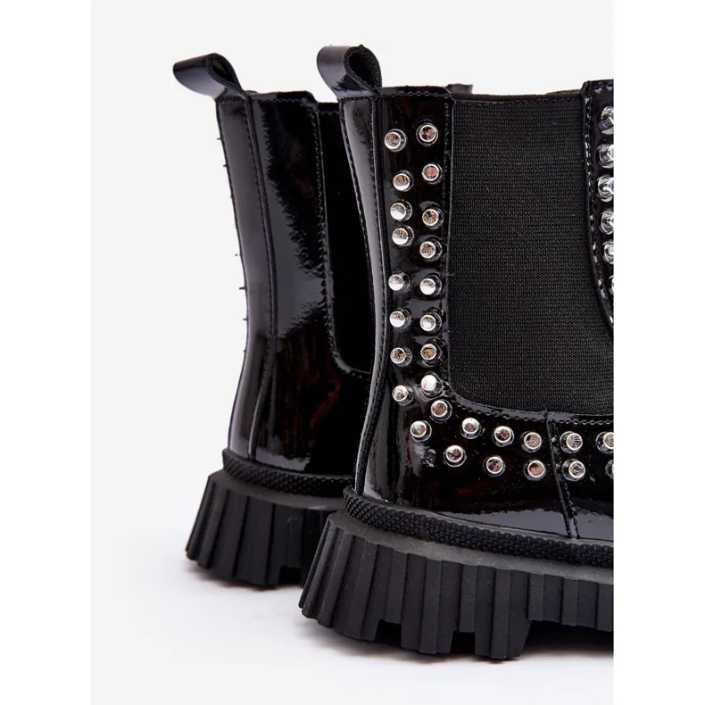 FR1 Bottines Chelsea fille vernies ornées de strass Adélie noirs le noir