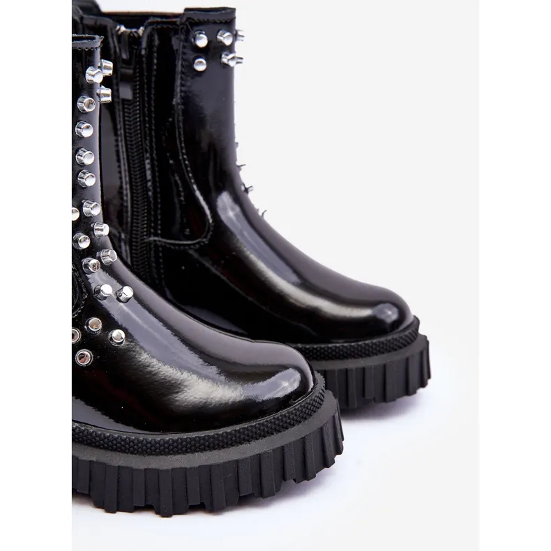 FR1 Bottines Chelsea fille vernies ornées de strass Adélie noirs le noir