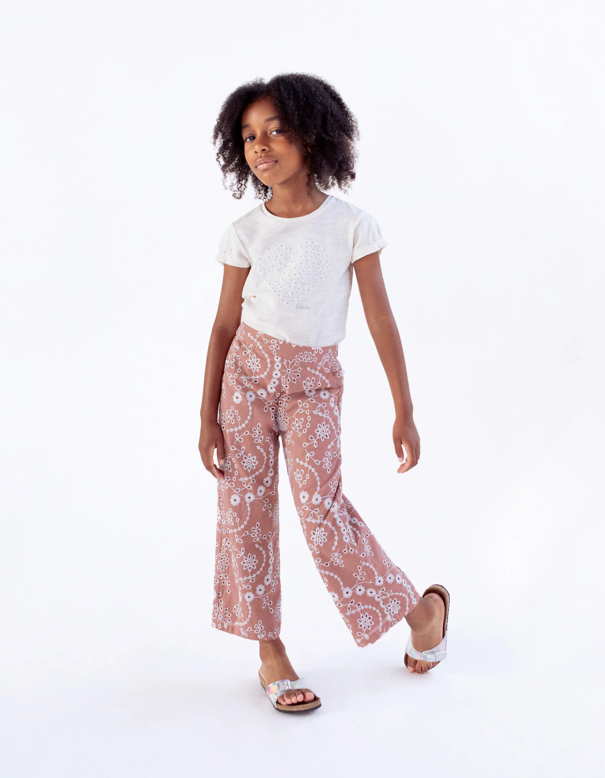 Pantalon vieux rose coton bio broderies fleurs fille