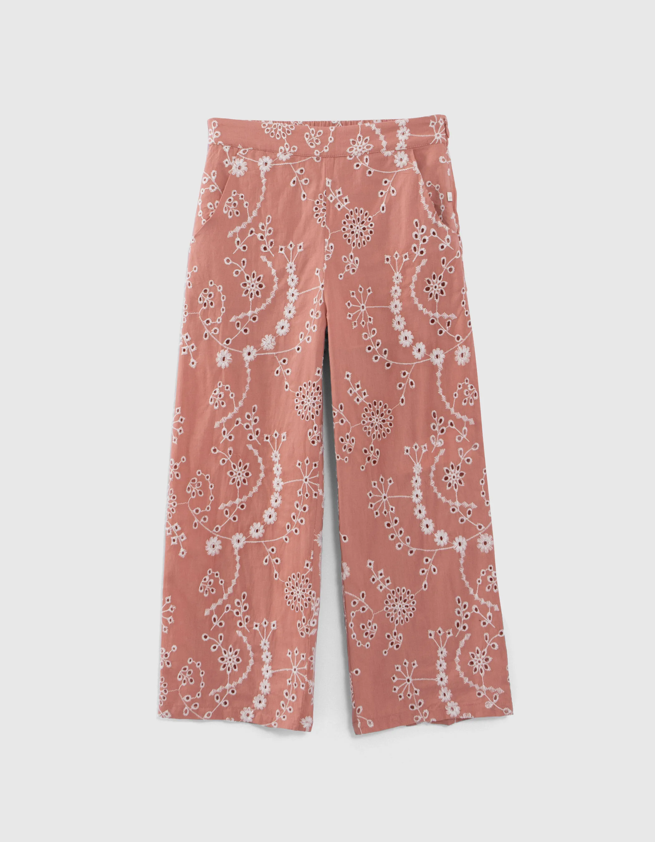 Pantalon vieux rose coton bio broderies fleurs fille