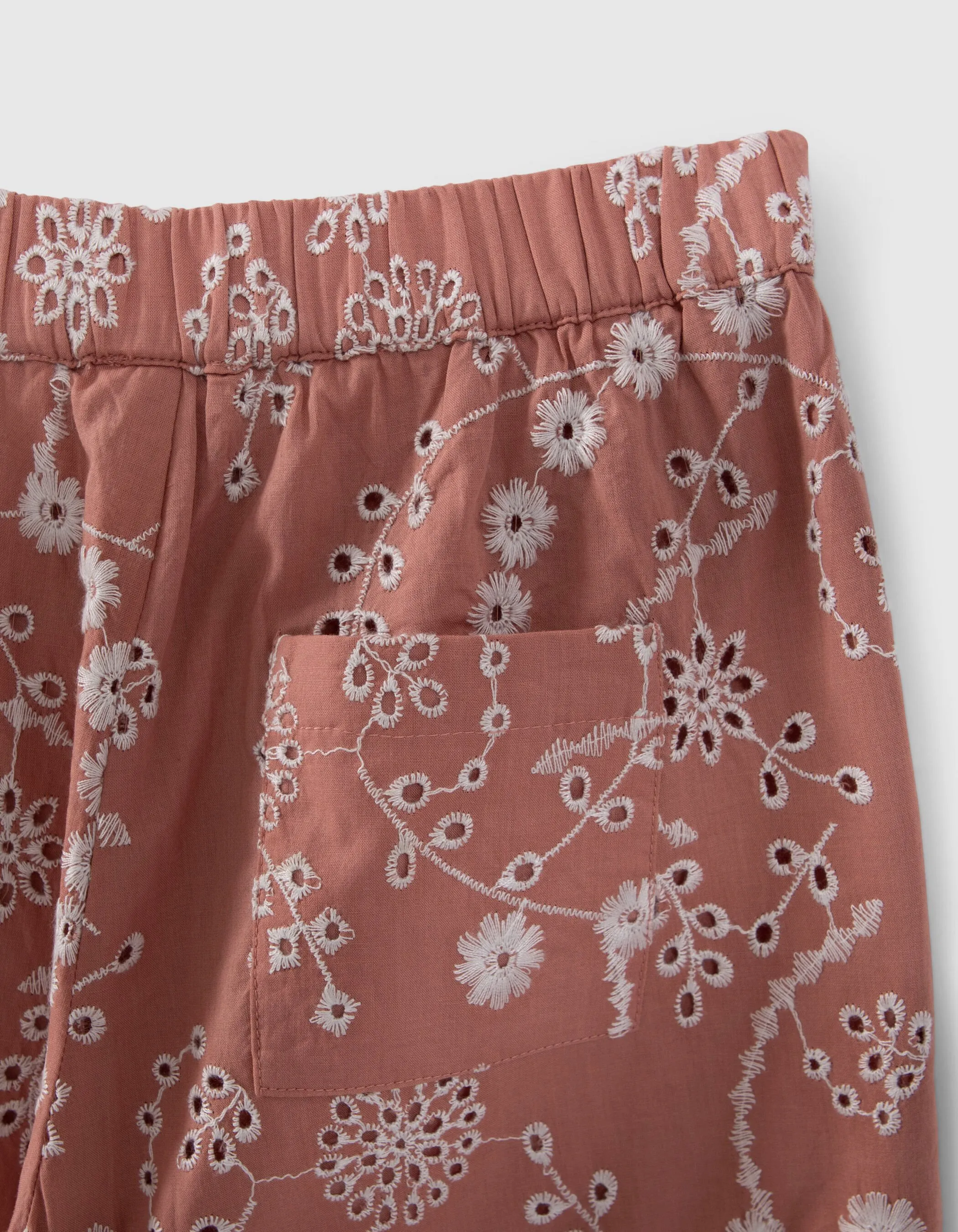 Pantalon vieux rose coton bio broderies fleurs fille