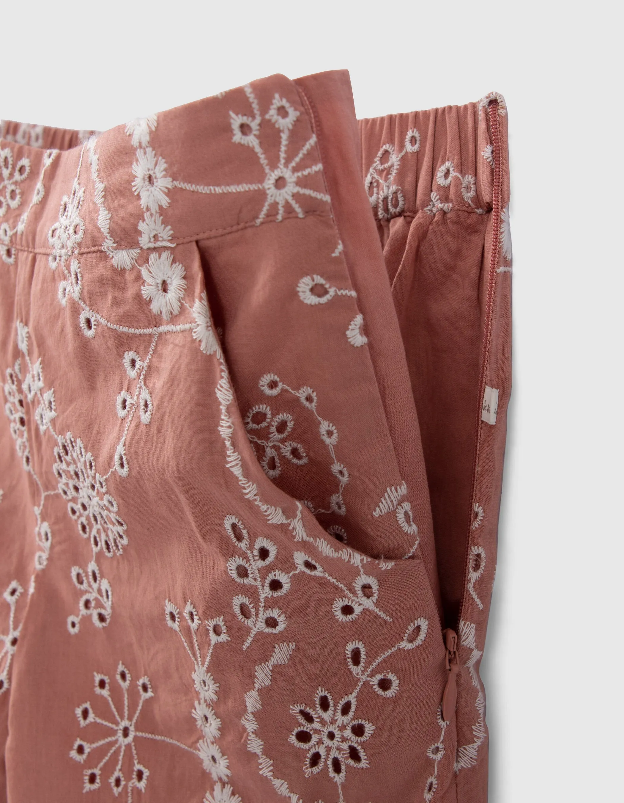 Pantalon vieux rose coton bio broderies fleurs fille