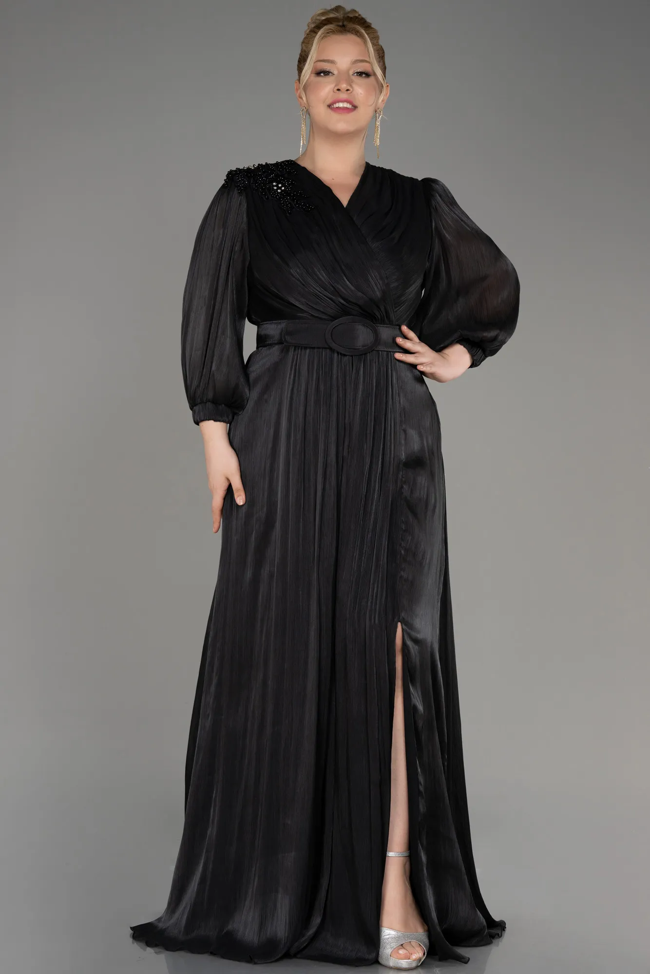 Robe De Fiançailles Grande Taille Longue Mousseline Noir ABU3871