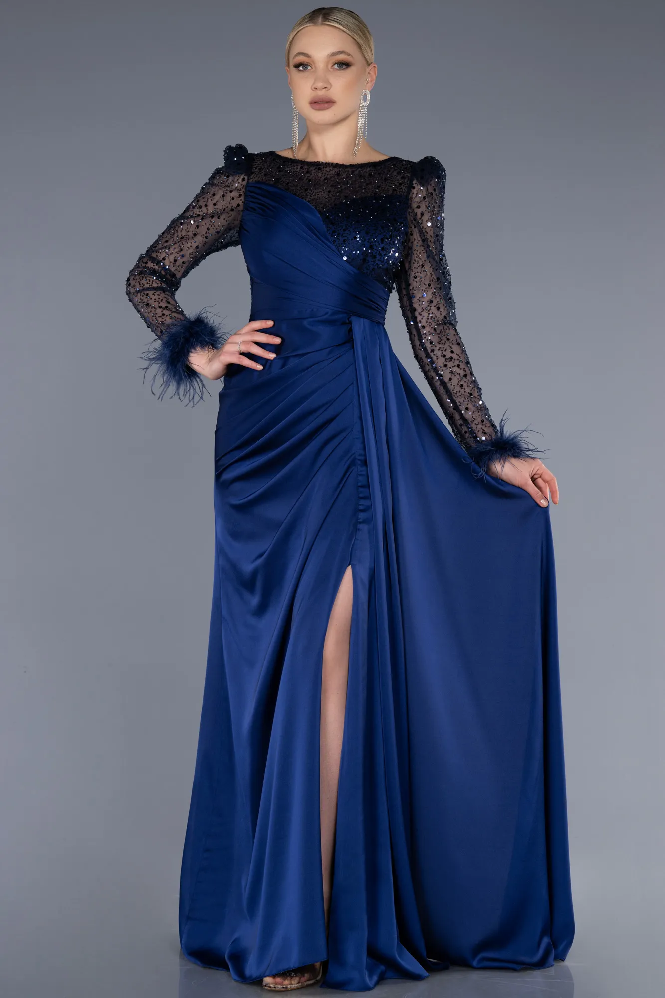 Robe De Fiançailles Grande Taille Longue Satin Bleu Marine ABU3868