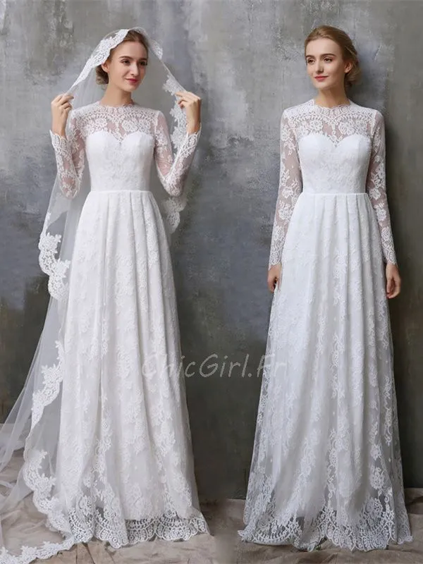 Robe De Mariée Glamour Manche Longue Dentelle Vintage Col Montant