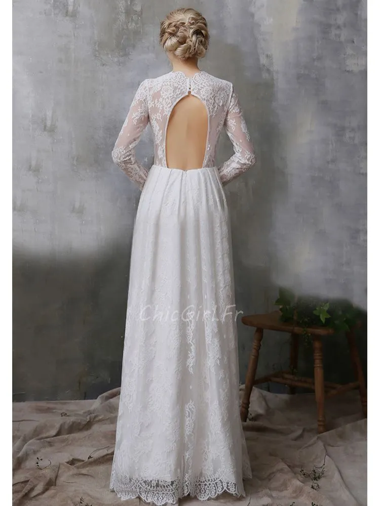 Robe De Mariée Glamour Manche Longue Dentelle Vintage Col Montant