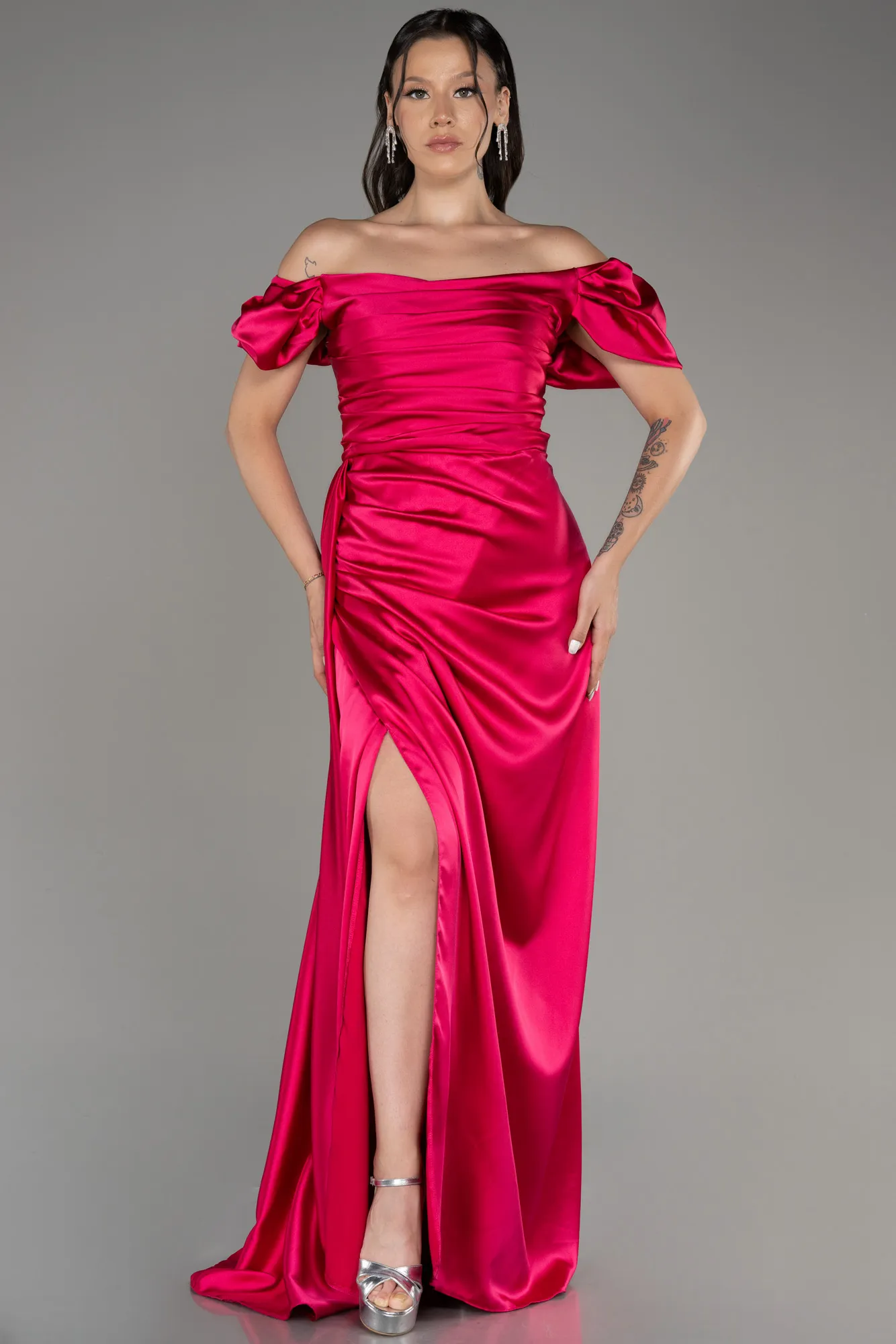 Robe De Soirée Grande Taille Satin Longue Couleur Cerise ABU1626