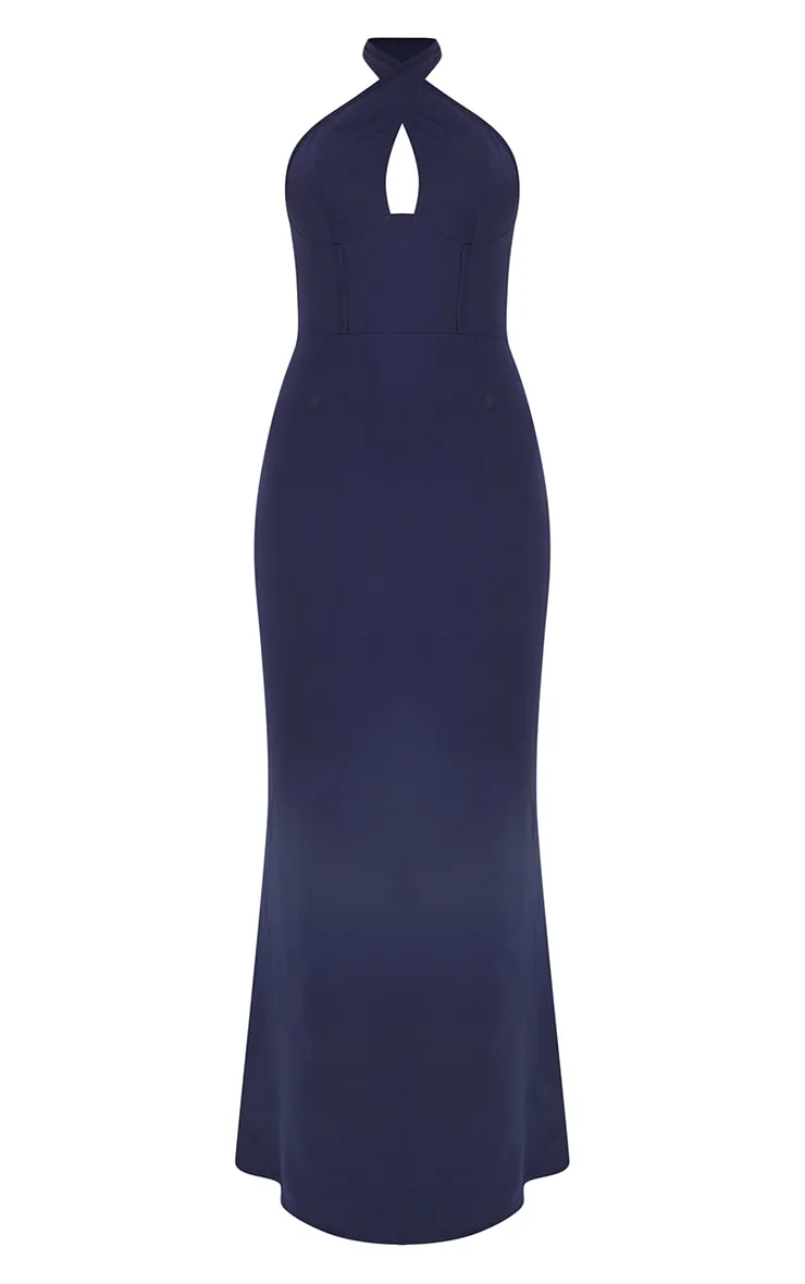 Robe longue style corset bleu marine croisée devant