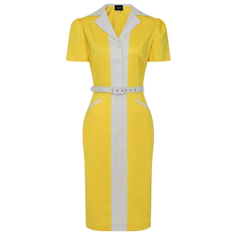 Robe Pin-Up jaune coupe crayon de chez COLLECTIF LONDON 'berta'